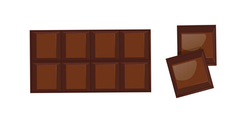 Cartoon Style Broken Dark Chocolate On White Background, Confectionery Concept Vector Illustration.
