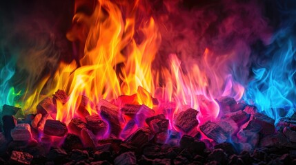 Fototapeta premium Colorful modern neon fireplace chimney coozy room country house wallpaper background