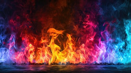 Fototapeta premium Colorful modern neon fireplace chimney coozy room country house wallpaper background