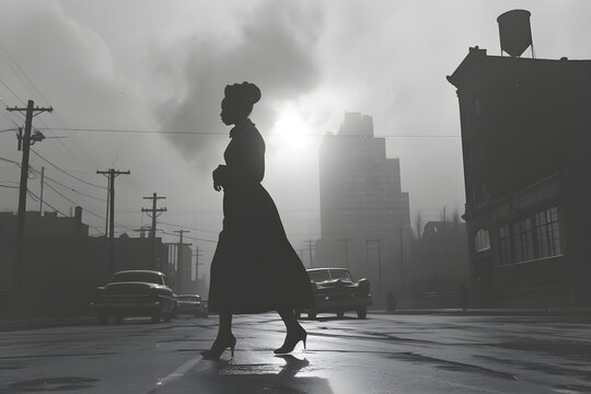 A monochromatic vintage image of a black woman walking in the city of Detroit in 1950