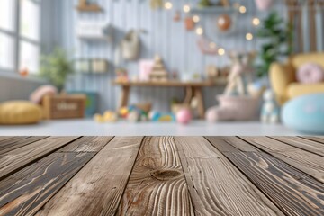 Wooden table on blurred background of kids' room with toy showcase.