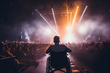 Silhouette of a person in a wheelchair enjoying a live music concert, highlighting accessibility in...