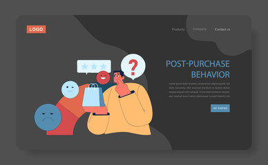 Consumer behavior dark or night mode web, landing. Purchase expectation and experience. Buyer evaluating their satisfaction with recent purchases. Flat vector illustration