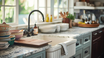 The kitchen has a farmhouse sink, granite countertops, and a collection of colorful ceramic dishes