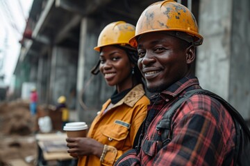 Group photo of diverse engineers with cheerful expressions at a building site holding beverages, working together on a project with a model.