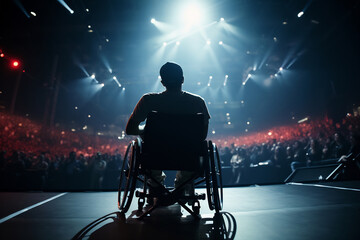Backlit silhouette of an individual in a wheelchair, absorbing the vibrant energy of a live music...