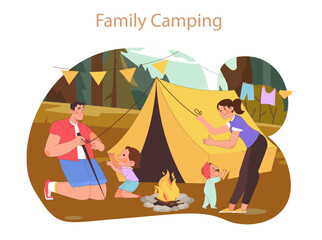 Family Camping concept. Outdoor bonding with tent setup and campfire stories under the forest canopy.