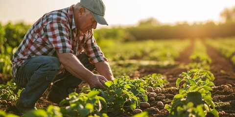 Agriculturist Examining Potato Harvest In Farmland. - obrazy, fototapety, plakaty