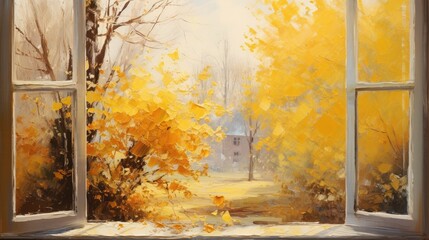 Oil painting yellow leaves view from the window to the park 