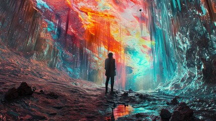 Woman standing in a dark cave surrounded by neon lights