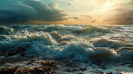 Beautiful seascape with sea waves and seagulls