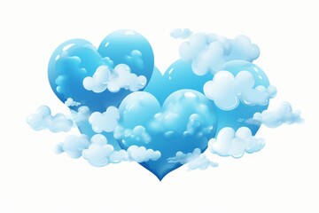 Blue heart with clouds on white background. Red satin bow isolated on white background