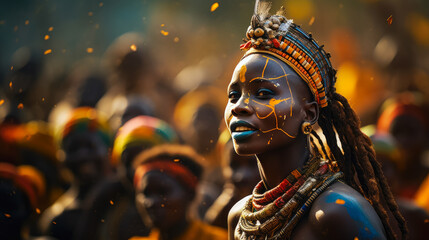 This visual narrative portrays a vibrant tribal festival in Africa. The photograph encapsulates the essence of the celebration--the colorful traditional attire, energetic dances, and communal spirit. 