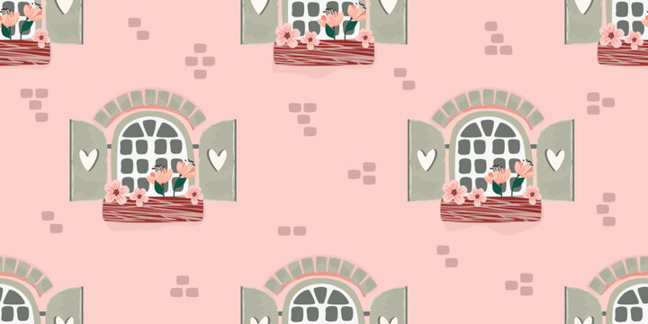 Cartoon seamless pattern with cute windows.Vintage casement  with shutters, flowers in pots, wall with brickwork.Grey and pink color background for printing on fabric and paper.Vector illustration.

