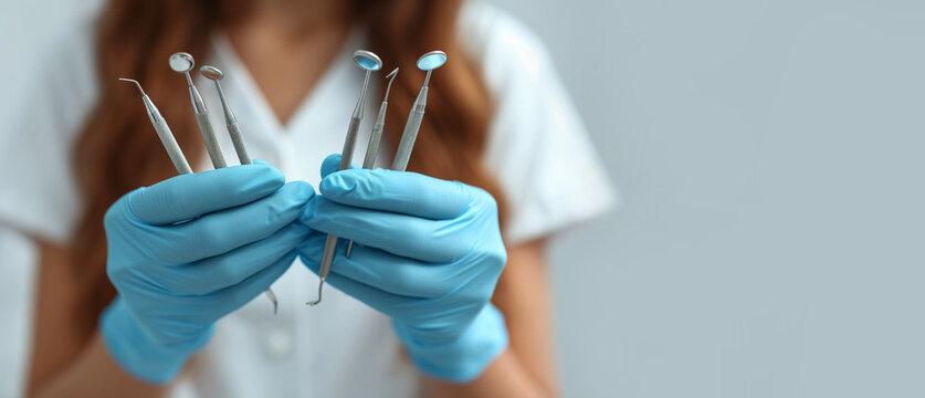 Dentist hands holding dentist mirror, dental instruments on a grey background. Copy space. Teeth care, dental treatment, tooth extraction, implant concept. Dental clinic special offer
