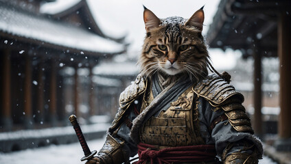 Samurai cat getting ready for the fight during winter season 