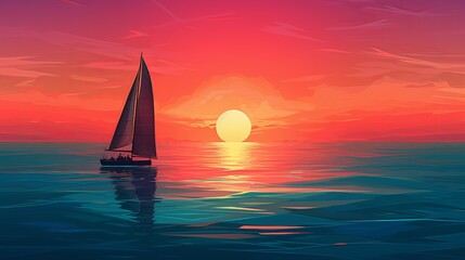 Fototapeta premium Sailboat Silhouette Against a Vibrant Sunset Over Calm Seas