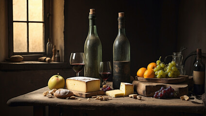still life with wine and cheese
