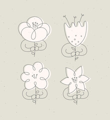 Man with flower set drawing in minimalism linear style drawing on beige background