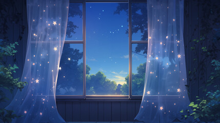 cartoon children's room, magic window with flying curtains. Starry sky - obrazy, fototapety, plakaty