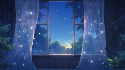 Fotobehang cartoon children's room, magic window with flying curtains. Starry sky © Olena