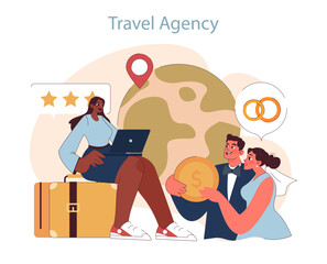Travel Agency concept. A couple with gleaming smiles invests in their dream honeymoon with expert guidance for an unforgettable experience.