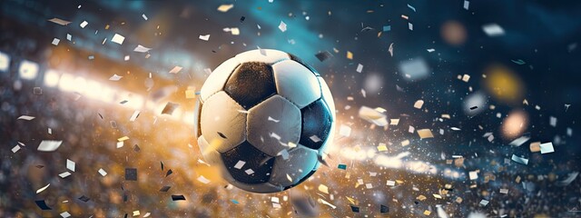Soccer ball, Close up of a soccer ball in the football stadium with falling confetti. Goal Winning celebration  - obrazy, fototapety, plakaty