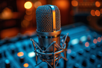 Microphone on lights background. World rock and roll day, radio day, day broadcasting. Concept of music, song