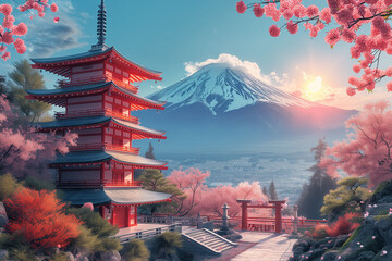 Banner with red white winter landscape theme in background. National foundation day design with famous Japanese landmarks like mount Fuji, Itsukushima Shrine. Illustration. Japan day