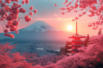 Banner with red white winter landscape theme in background. National foundation day design with famous Japanese landmarks like mount Fuji, Itsukushima Shrine. Illustration. Japan day