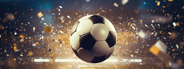 Soccer ball, Close up of a soccer ball in the football stadium with falling confetti. Goal Winning celebration 