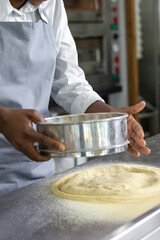 Female pizzeria cook preparing pizza in the kitchen