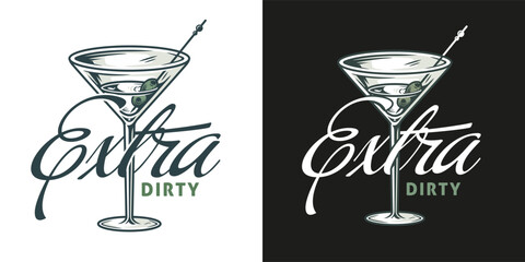 Martini cocktail vector with olive and splashes for alcohol for cocktail bar or drink party. Logo design with glass of martini for tee print of bartender or barman
