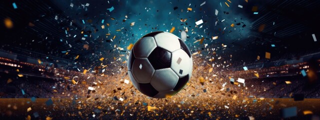 Fototapeta premium Soccer ball, Close up of a soccer ball in the football stadium with falling confetti. Goal Winning celebration 