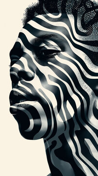 African American man. Concept art. Interior photo. Man painted in zebra colors