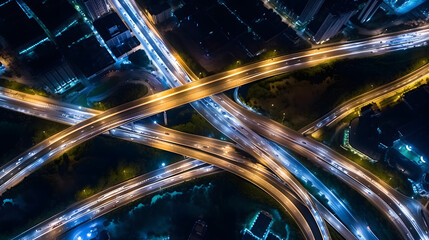 Expressway top view, Road traffic an important infrastructure, car traffic transportation above intersection road in city night, aerial view cityscape of advanced innovation, financial technology - obrazy, fototapety, plakaty