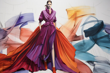 Fototapeta na wymiar Vivid Couture: Fashion Model Amidst Colorful Fabric Waves