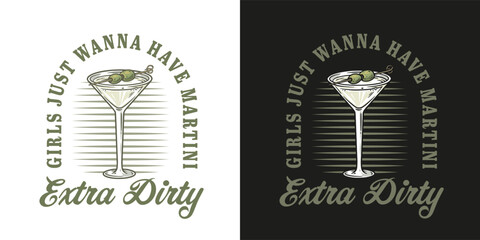 Martini cocktail vector with olive and splashes for alcohol for cocktail bar or drink party. Logo design with glass of martini for tee print of bartender or barman