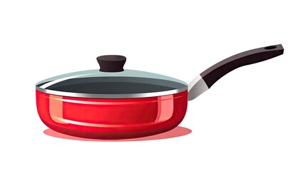 appealing icon of a red metal frying pan with a gray handle, isolated on a white background.
