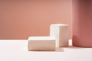 Podium for exhibitions and product presentations, material: stone, wood, glass, dry branches. Beautiful beige peach background made from natural materials. Abstract nature scene with composition.