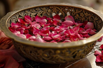 Scattered Rose Petals in Brass Bowl with Artistic Carvings