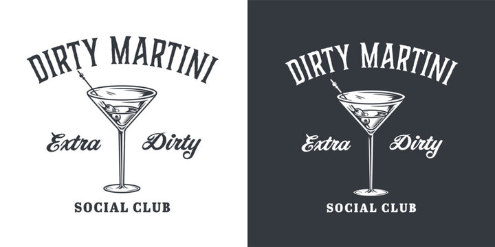 Martini cocktail vector with olive and splashes for alcohol for cocktail bar or drink party. Monochrome print or logo design with glass of martini for bartender or barman