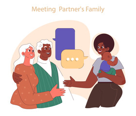 Meeting partner's family. Elderly couple embracing, introducing family member with a baby. Generational bonding. Flat vector illustration