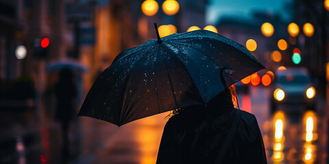 Atmospheric nightscape: Woman with umbrella in heavy rain, embodying authenticity. Dark cyan and amber tones create a relatable, environmentally aware scene