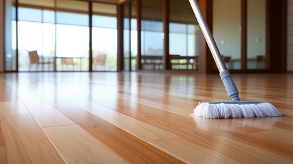 Parquet floor cleaning with mop and foam, tools and supplies for sparkling wooden surfaces.