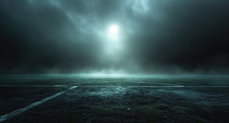 dark football pitch with light coming from a spotlight that shines on it