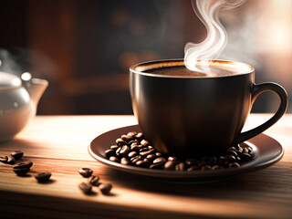 Close-up coffee cup on a wooden table