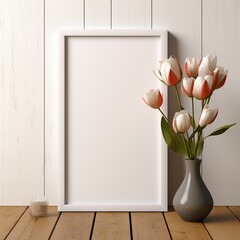 flowers in a vase with a picture frame  mockup and copy paste text