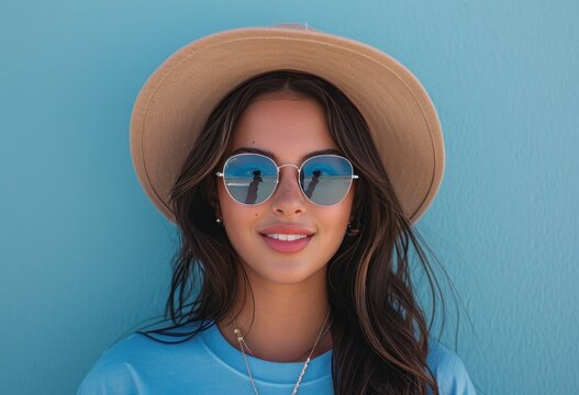 a young female in blue shirt and hat with blue sunglasses
