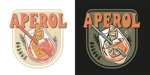 Aperol cocktail vector with ice and slice of orange for cocktail bar or drink summer party. Aperol spritz or alcohol cocktail with gin for tee print of beach bar and cafe menu